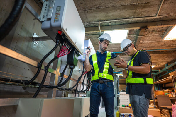 Service Engineer use tablet working inspection installation inverter solar cell. Technician maintenance solar cells. Technology solar energy renewable.