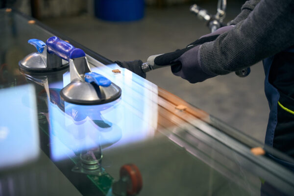 Technological process in window production, a person uses a special device